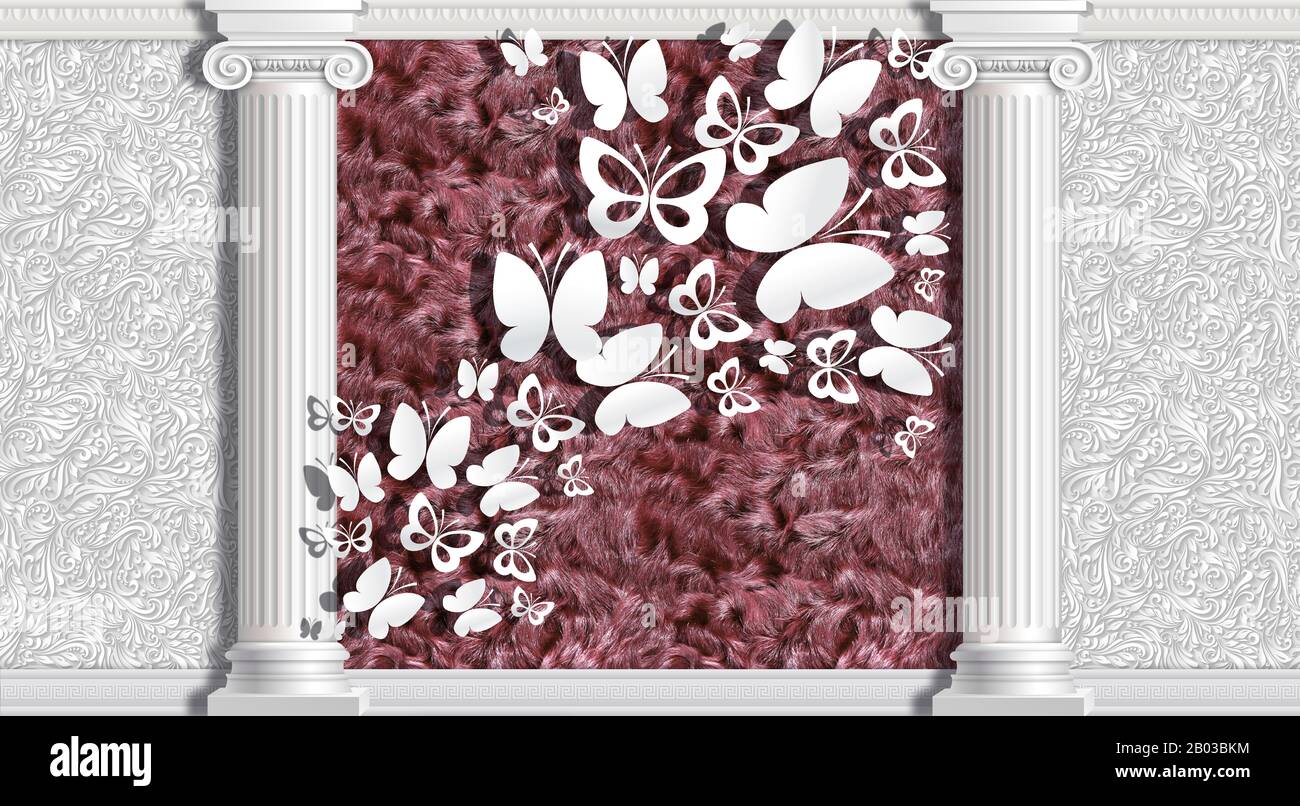 3d wallpapers, Ionic columns, fur and butterflies. 3d background in classical style Stock Photo