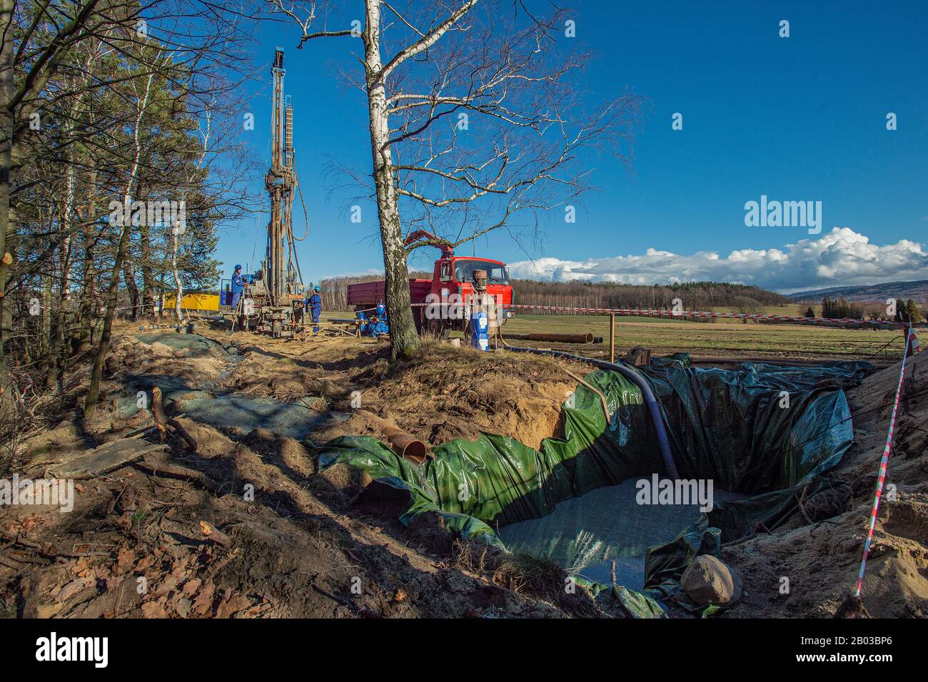 Hermanice, Czech Republic. 18th Feb, 2020. Ongoing construction of the network of water boreholes for monitoring of Turow mining impacts in the surroundings of the Turow open-pit lignite mine, near the Czech-Polish border, expanding by 16 wells, in Hermanice, Czech Republic, on February 18, 2020. The Turow mine supplies coal mainly to the nearby Turow plant, which generates 8 percent of Poland's energy supplies. The owner of both installations, PGE Group (Polska Grupa Energetyczna), plans to continue mining at the location until 2044. Credit: Radek Petrasek/CTK Photo/Alamy Live News Stock Photo