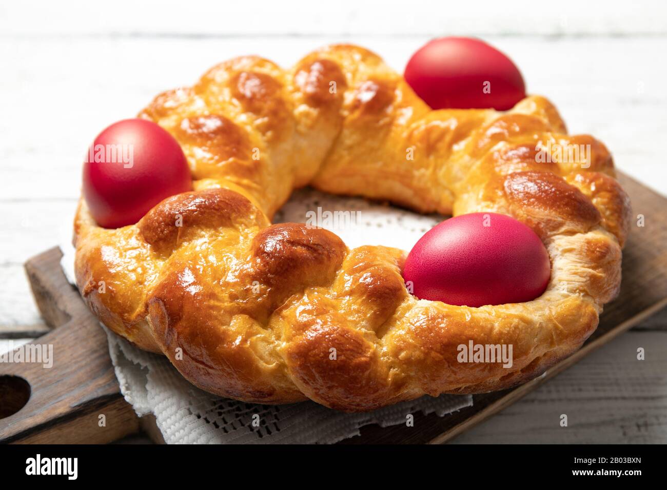 Italian easter bread. Red eggs. Delicious Easter cake. Italy Stock Photo