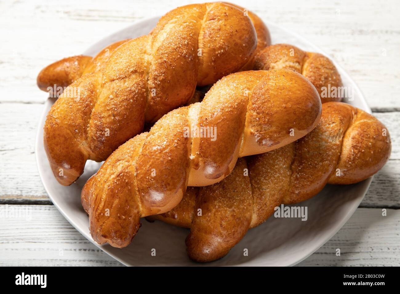 Delicious pastries.Tasty buns.Delicious Pigtail Buns.Close-up Stock Photo