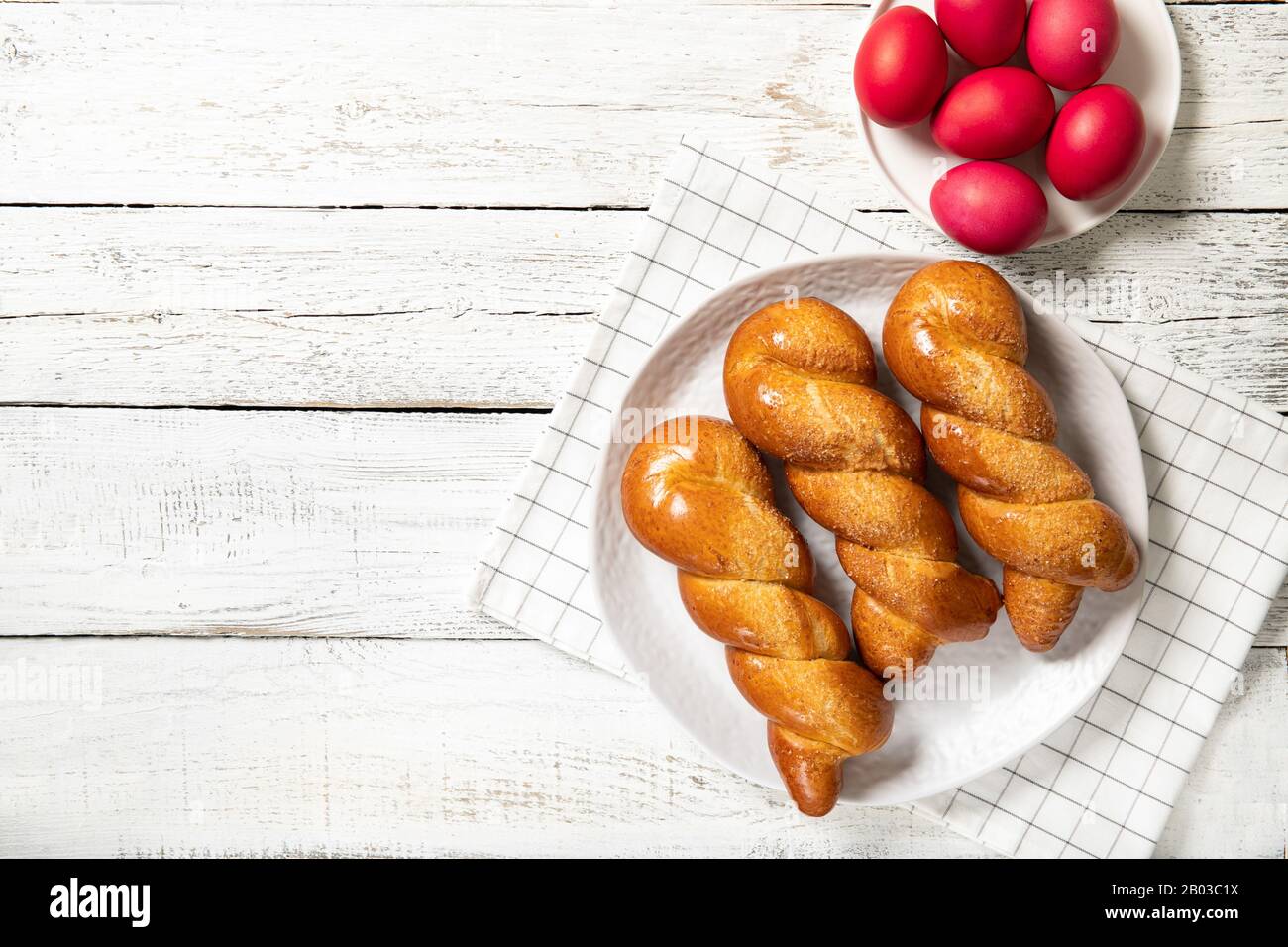 Greek easter buns. Greek Easter. Italian Easter. Traditional easter bread. Easter eggs Stock Photo