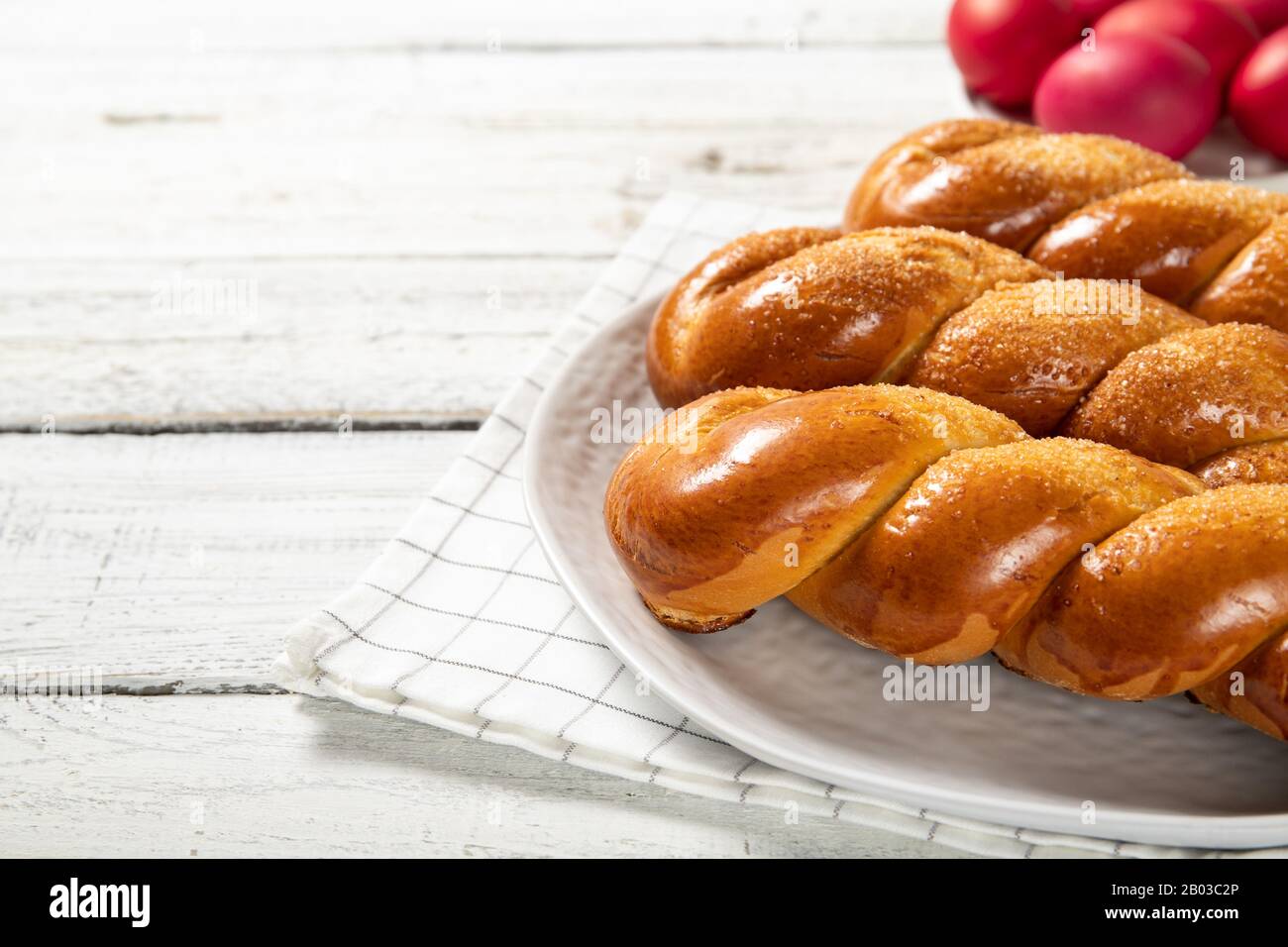 Greek easter buns. Greek Easter. Italian Easter. Traditional easter bread. Easter eggs Stock Photo
