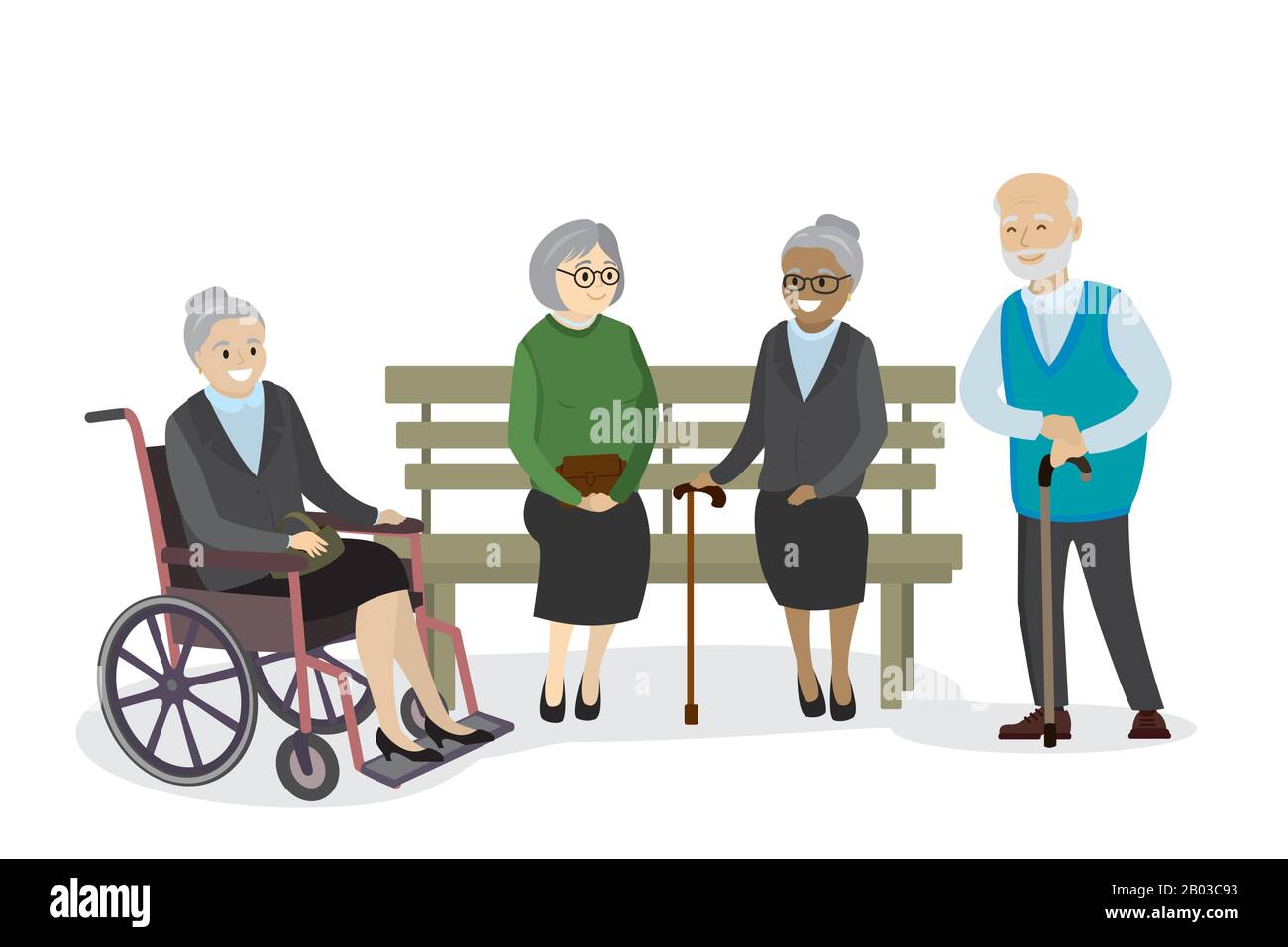 multicultural old people are sitting on the bench,grandmother in a wheelchair,isolated on white background,cartoon vector illustration Stock Vector
