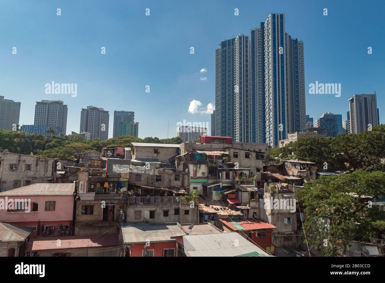 Metro Manila, Philippines - February, 12, 2020: Cityscape of Makati and BGC: slums and skyscrapers contrast Stock Photo