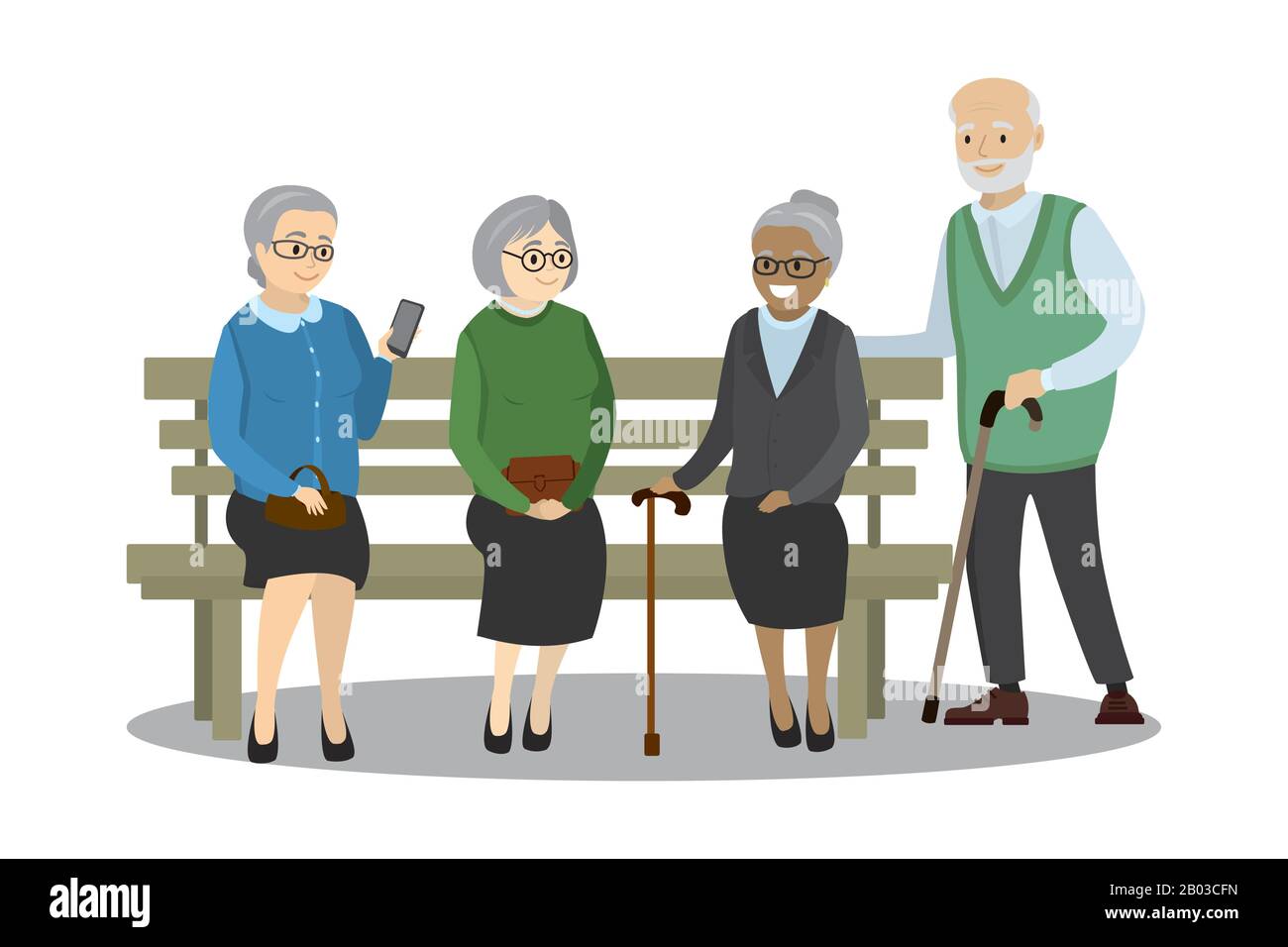 multicultural old people are sitting on the bench,isolated on white background,cartoon vector illustration Stock Vector