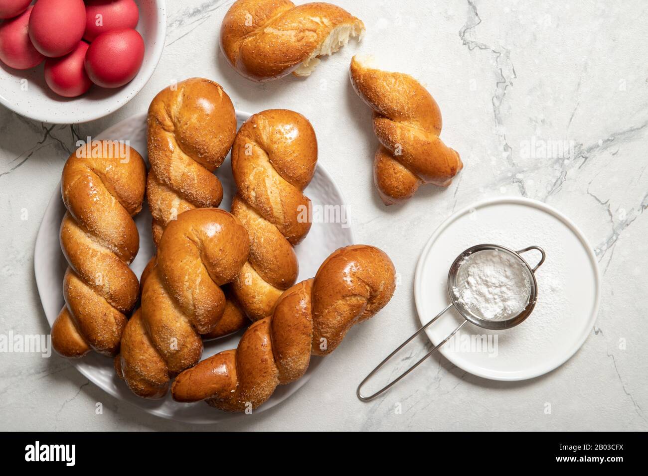 Greek easter buns. Greek Easter. Italian Easter. Traditional easter bread. Easter eggs Stock Photo