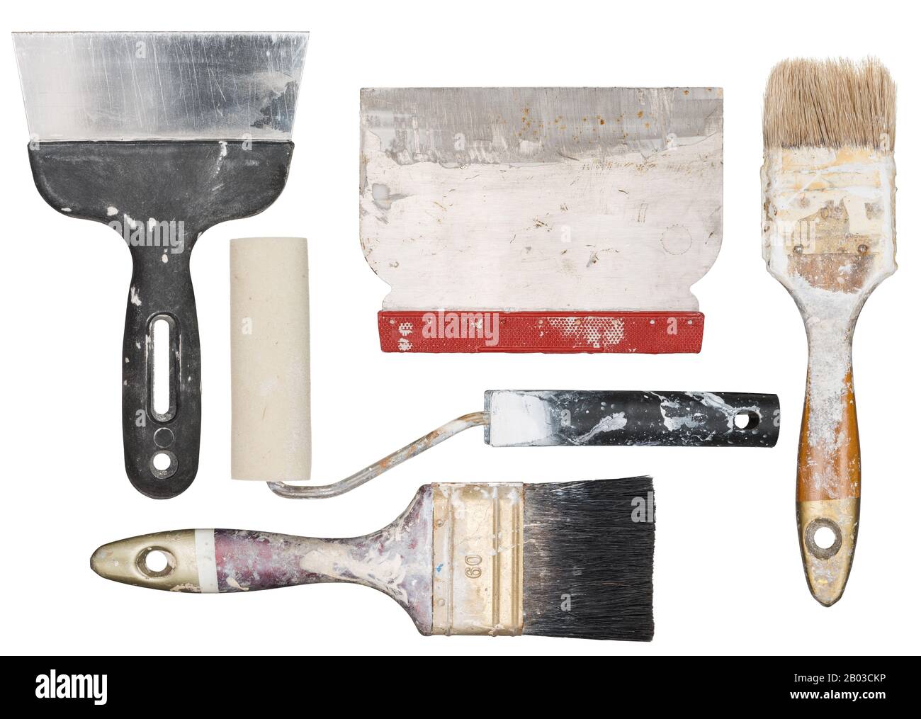 Isolated used painting tools. Paint brushes, roller and spatula. Stock Photo