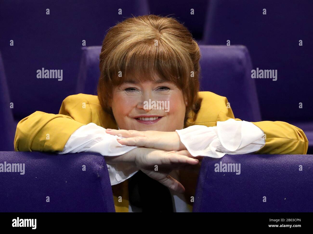 Susan Boyle at the SEC Armadillo in Glasgow to promote her 'Ten Tour', after she astonished the judges and audience at Britain's Got Talent during an audition at the Armadillo ten years ago. The tour starts on 4th March when she returns to the venue. Stock Photo
