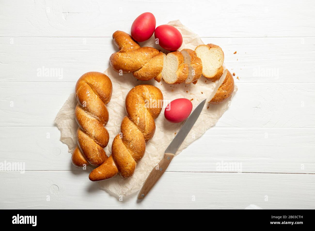 Greek easter buns. Greek Easter. Italian Easter. Traditional easter bread. Easter eggs Stock Photo