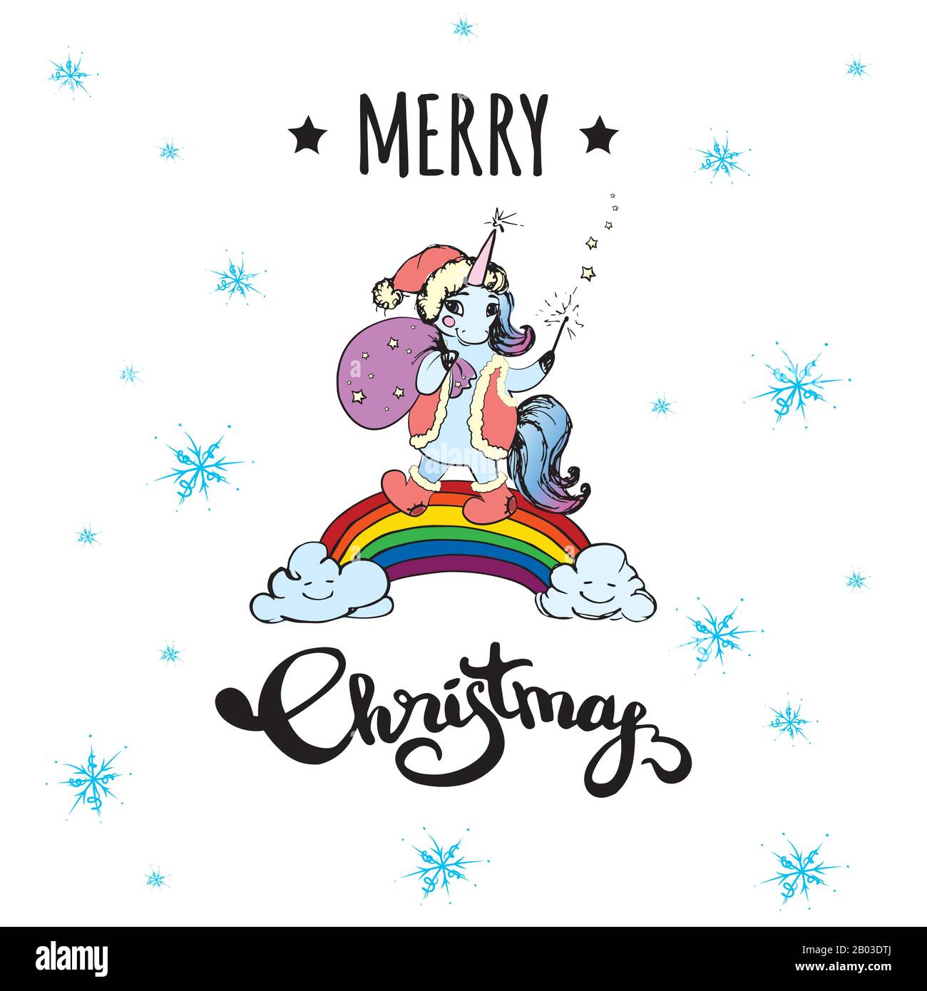 cute-xmas-unicorn-standing-on-rainbow-merry-christmas-greeting-card-template-hand-drawn-stock-vector-illustration-stock-vector-image-art-alamy