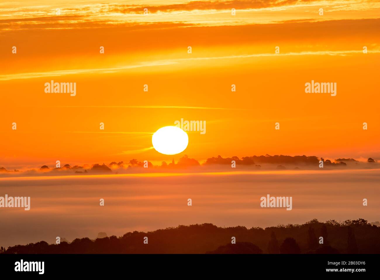 Amazing Sunrise over Shropshire with low lying mist. Stock Photo