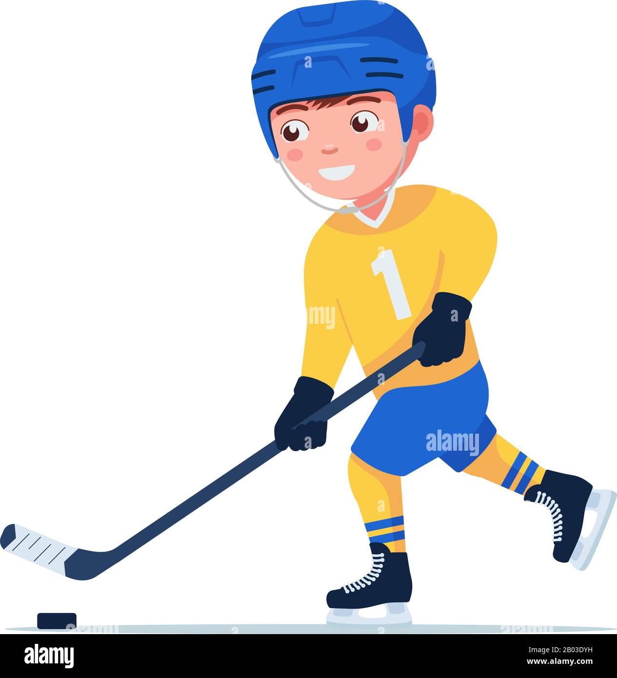 Boy hockey player in a sports uniform plays with a stick and a puck