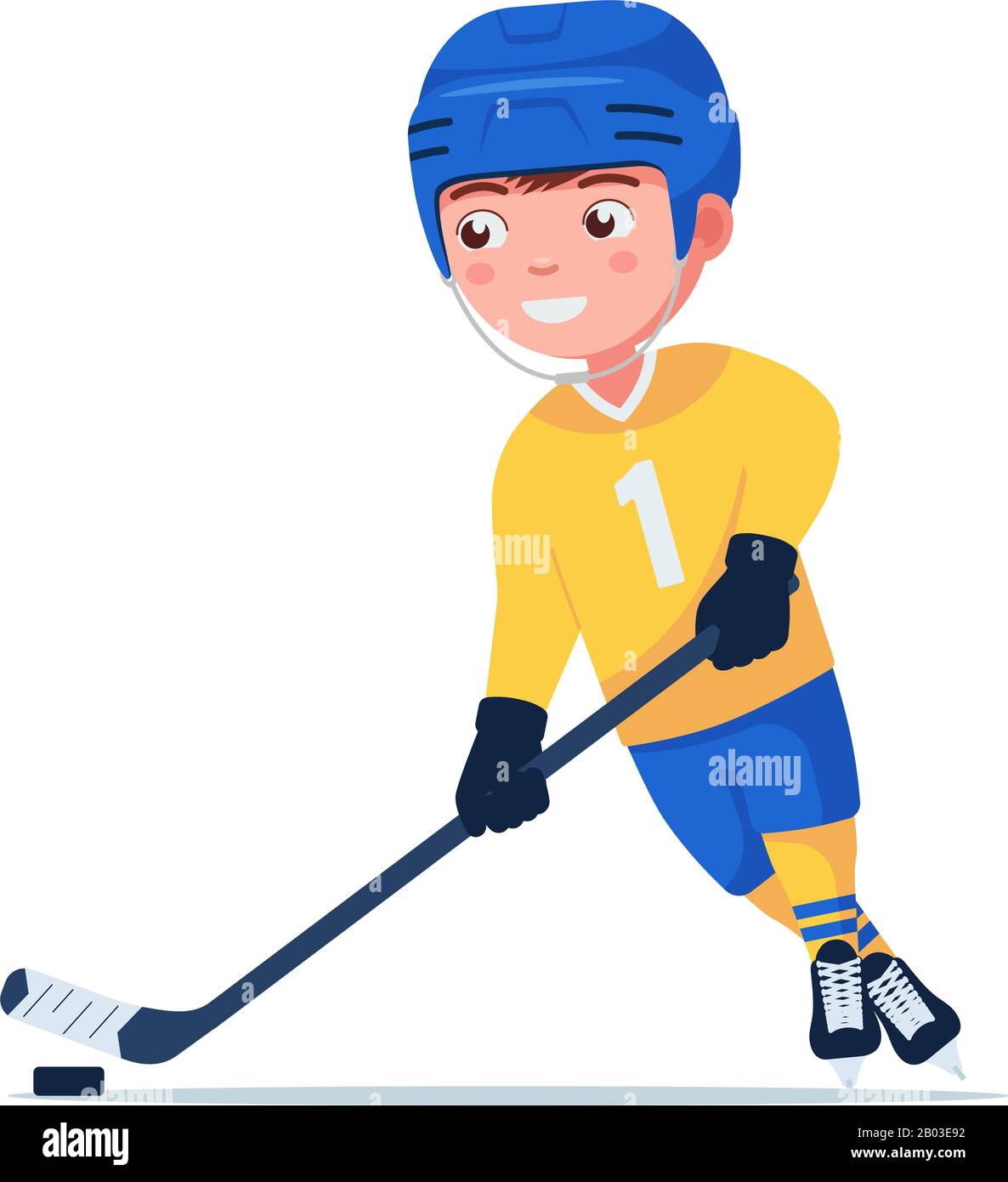Hockey player plays with a stick and puck. Boy in sports uniform is