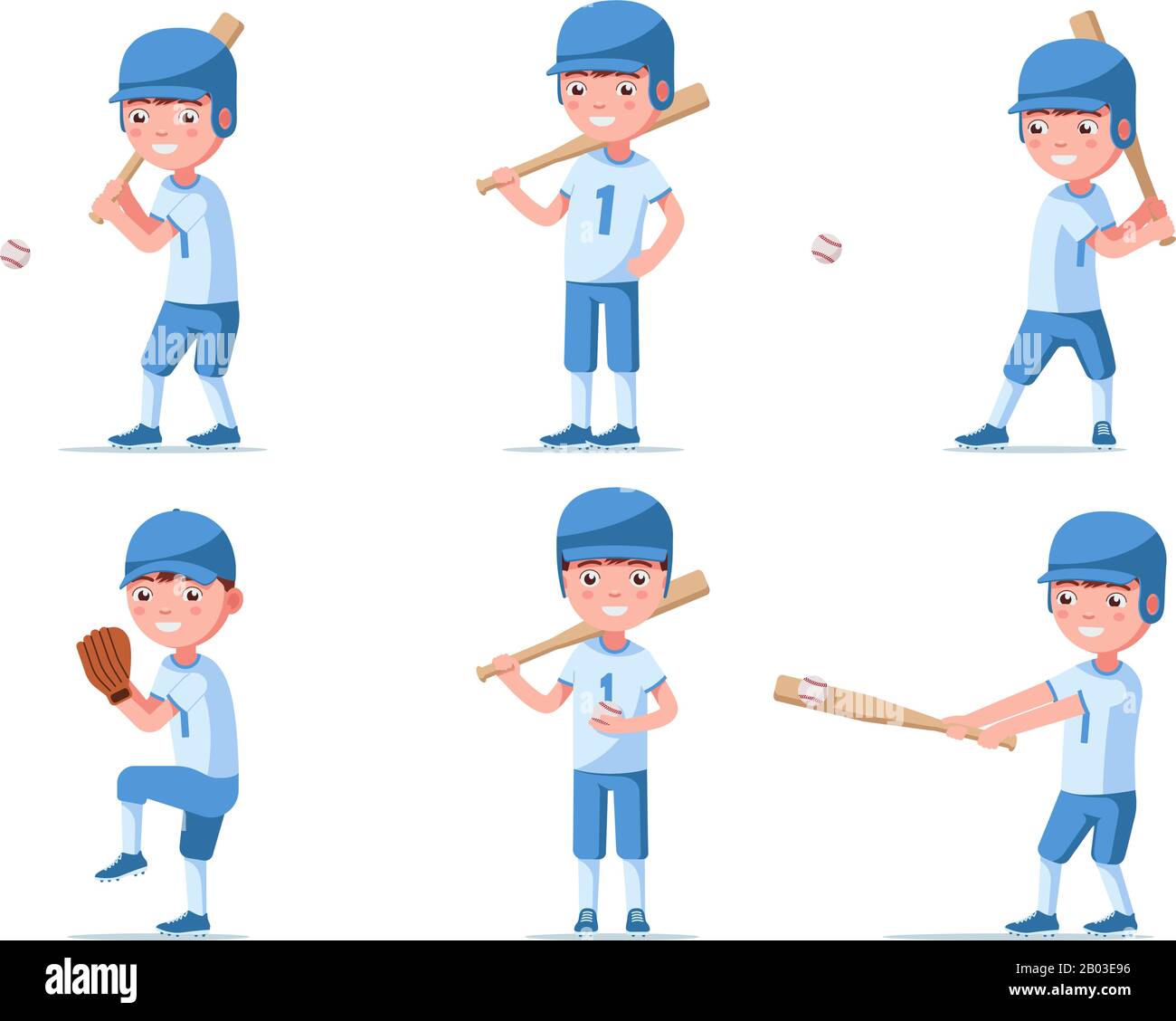 Set of boy baseball player in sports uniform. A group of a small child in baseball ammunition plays with a bat and a ball. Vector illustration isolate Stock Vector
