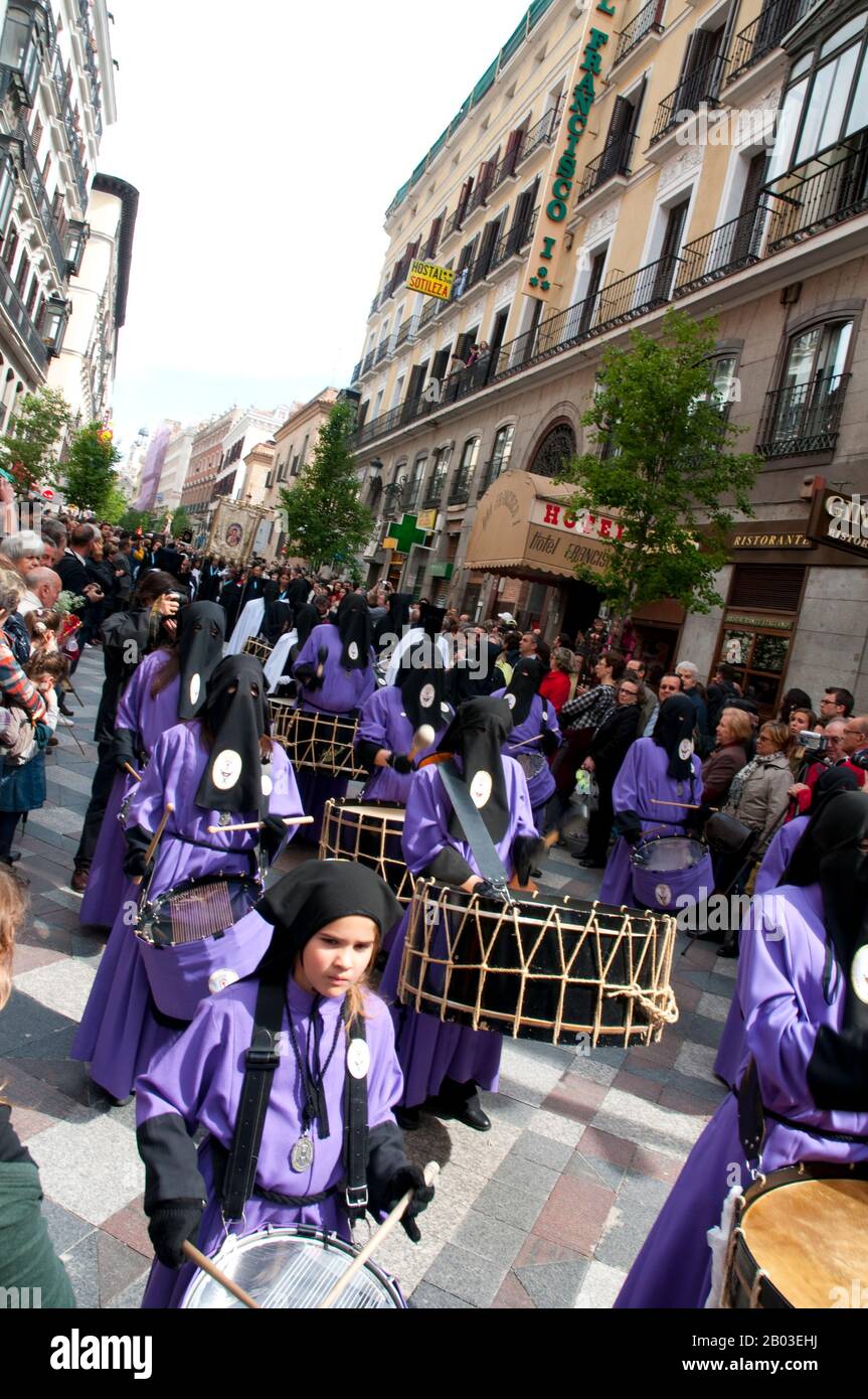 Drumming in a Holy Week procession. Madrid, Spain. Stock Photo