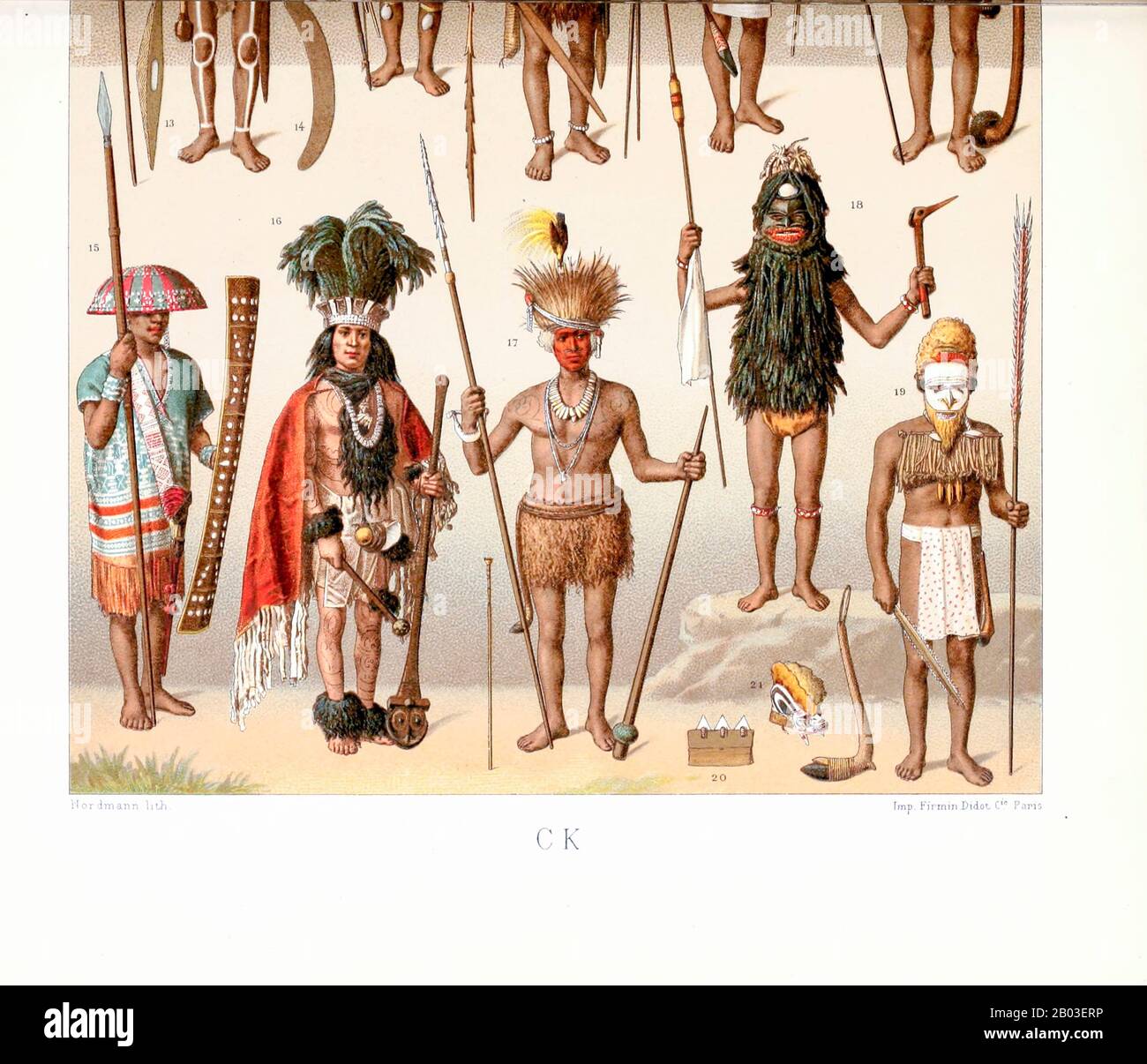 Ancient Oceania fashion and accessories from Geschichte des kostüms in chronologischer entwicklung (History of the costume in chronological development) by Racinet, A. (Auguste), 1825-1893. and Rosenberg, Adolf, 1850-1906, Volume 1 printed in Berlin in 1888 Stock Photo