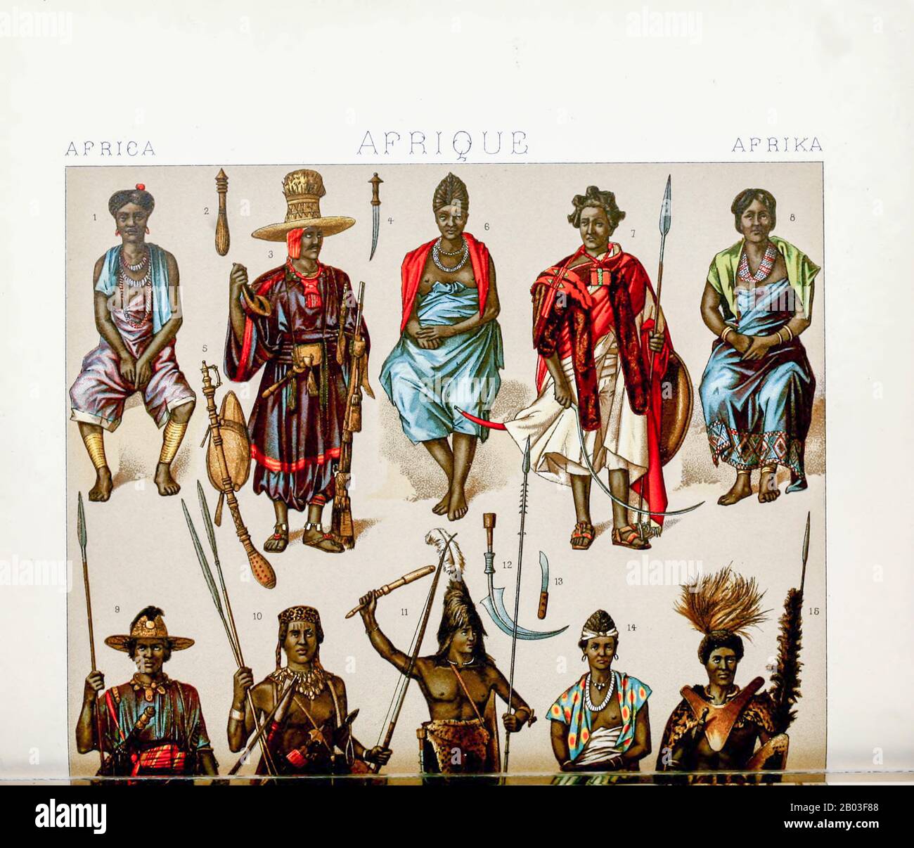 Ancient African tribal fashion and accessories from Geschichte des kostüms  in chronologischer entwicklung (History of the costume in chronological  development) by Racinet, A. (Auguste), 1825-1893. and Rosenberg, Adolf,  1850-1906, Volume 1 printed