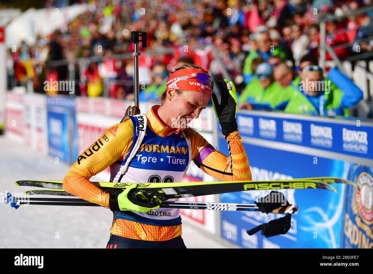 Antholz, Italy. 18th Aug, 2017. Biathlon: World Championship, 15 km singles, women. Denise Herrmann from Germany at the finish. Credit: Hendrik Schmidt/dpa/Alamy Live News Stock Photo