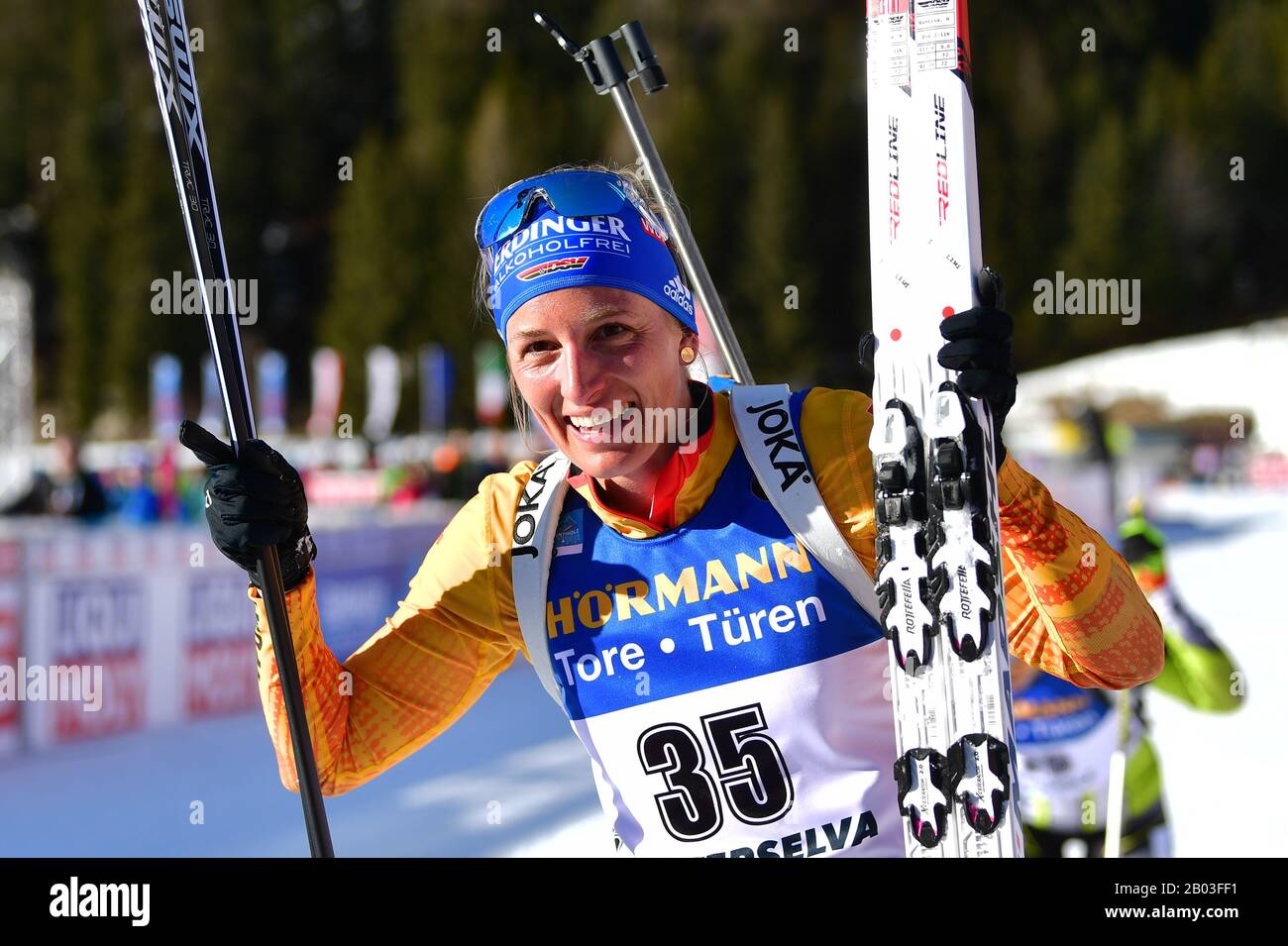 Antholz, Italy. 18th Aug, 2017. Biathlon: World Championship, 15 km singles, women. Vanessa Hinz from Germany is happy at the finish. Credit: Hendrik Schmidt/dpa/Alamy Live News Stock Photo
