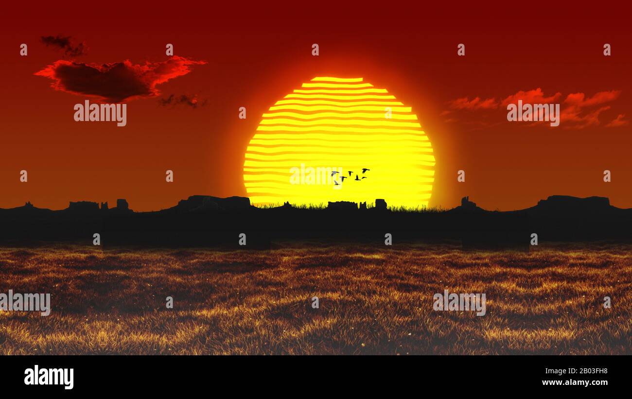 Landscape Scene of The sun is rising over the Red Sky by the Hills and Fields. A flock of Birds Flying Pass the Sun in the Red Sky. Stock Photo
