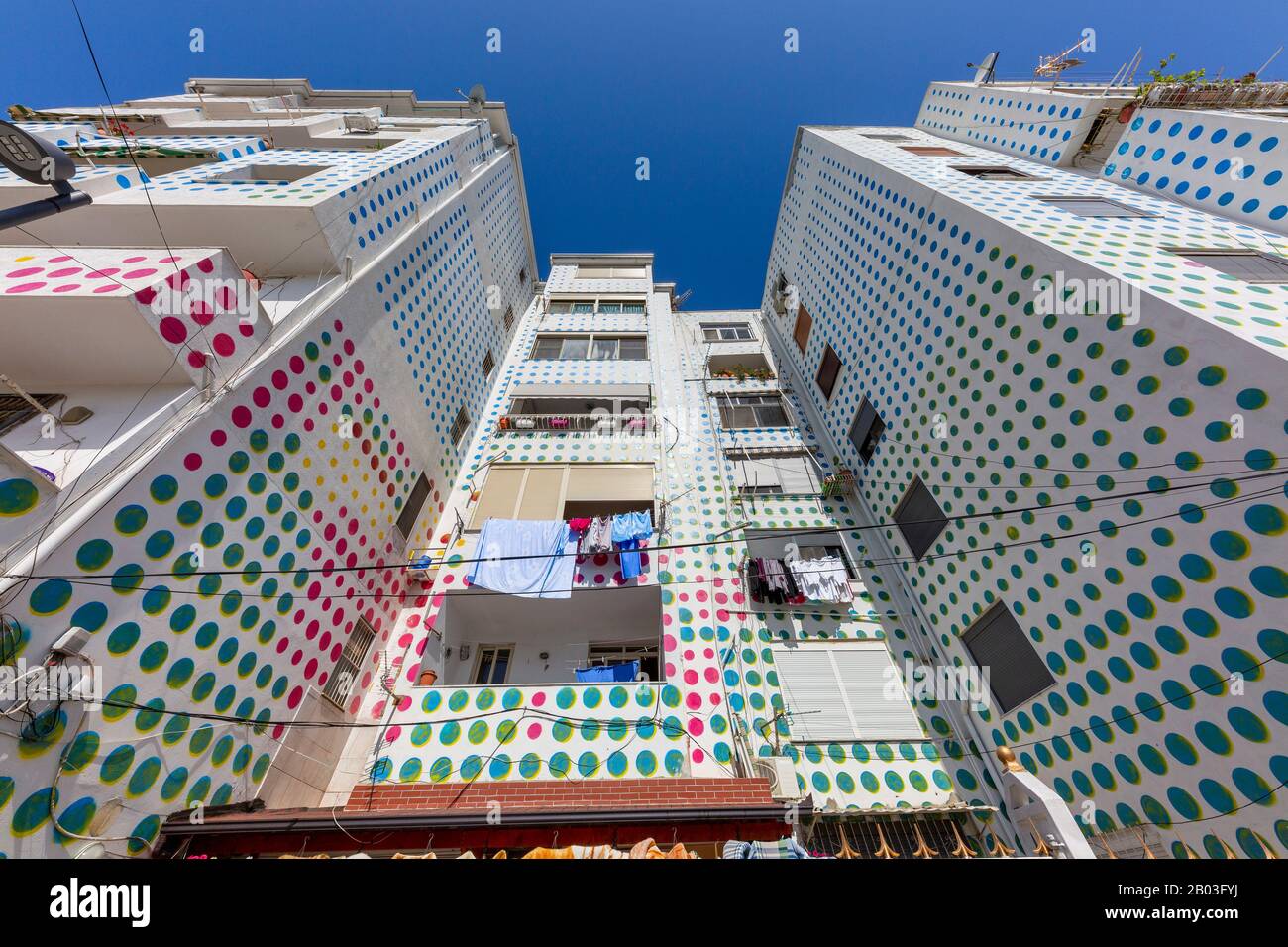 Colorfully decorated apartment building in Albania Stock Photo