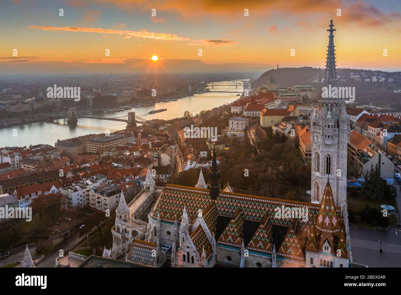 Budapest, Hungary - Beautiful aerial sunrise with Matthias Church, Fisherman's Bastion, Szechenyi Chain Bridge and Buda Castle Royal Palace at winter Stock Photo