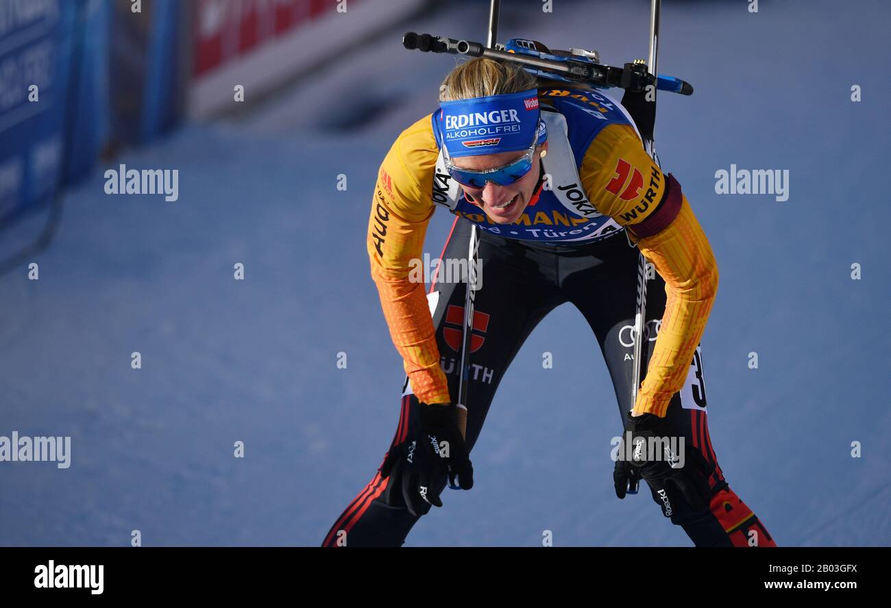 Antholz, Italy. 18th Aug, 2017. Biathlon: World Championship, 15 km singles, women. Vanessa Hinz from Germany is happy at the finish. Credit: Hendrik Schmidt/dpa/Alamy Live News Stock Photo