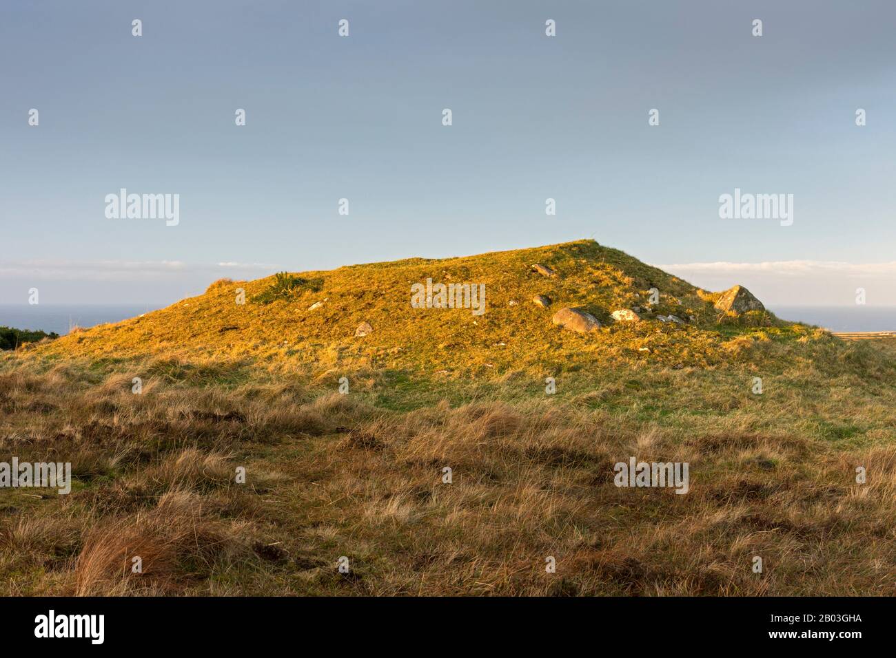 One of the Cnoc Freicedain chambered cairns on the Hill of Shebster.  Near Thurso, Caithness, Scotland, UK. Stock Photo