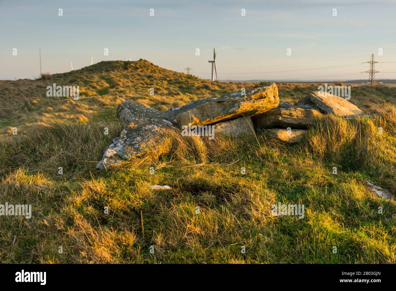 One of the Cnoc Freicedain chambered cairns on the Hill of Shebster with the Stemster Hill wind farm behind.  Near Thurso, Caithness, Scotland, UK. Stock Photo