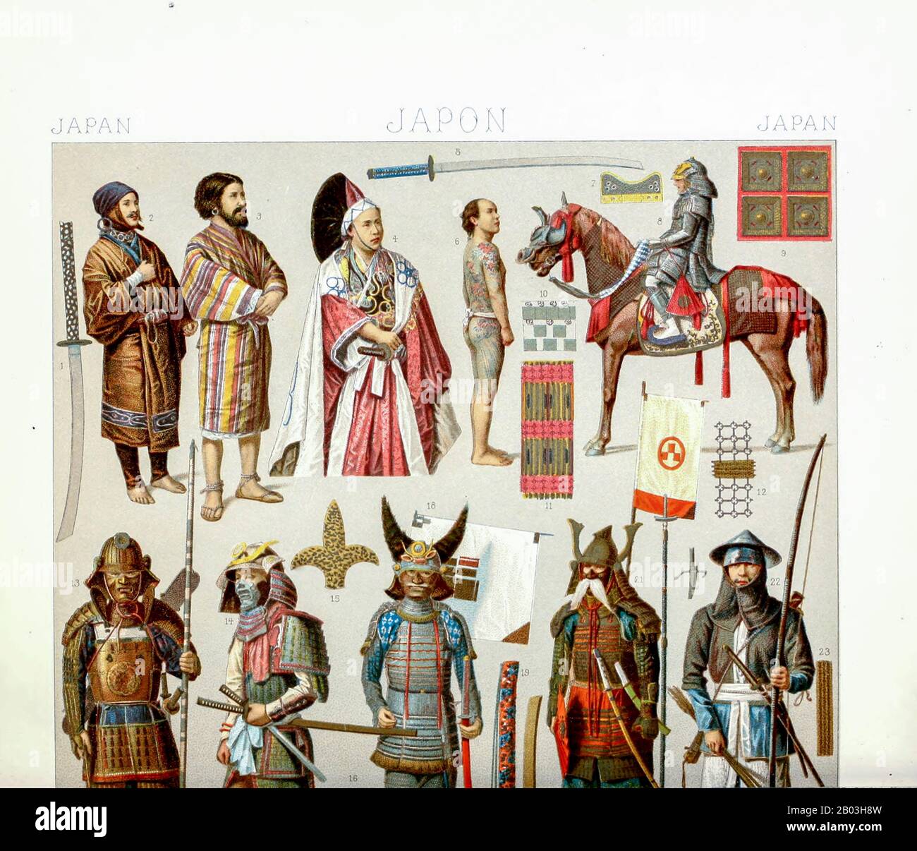 Ancient Japanese fashion, weapons and accessories from Geschichte des kostüms in chronologischer entwicklung (History of the costume in chronological development) by Racinet, A. (Auguste), 1825-1893. and Rosenberg, Adolf, 1850-1906, Volume 1 printed in Berlin in 1888 Stock Photo