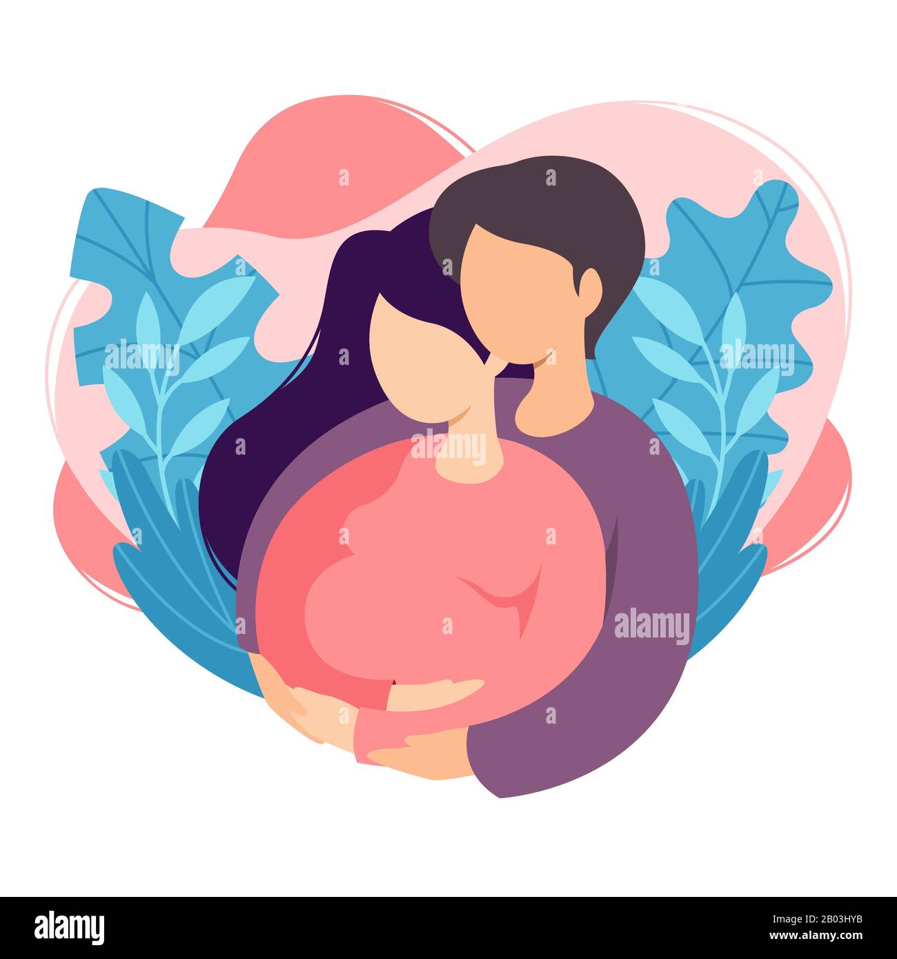 Future parents man and woman are expecting a baby. Couple of husband and wife prepare become parents. Man embracing pregnant woman with belly. Materni Stock Vector
