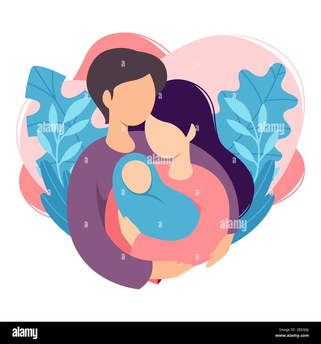 Mother and father holding their newborn baby. Couple of husband and wife become parents. Man embracing woman with child. Maternity, fatherhood, parent Stock Vector