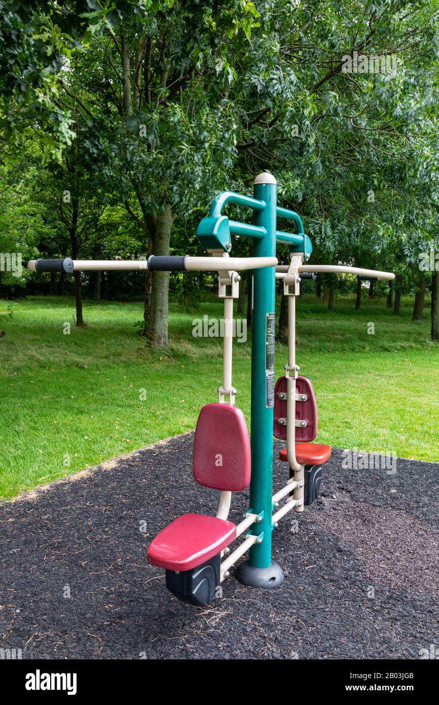 picture of outdoor exercise equipment in a public park inWallasey Wirral July 2019 Stock Photo