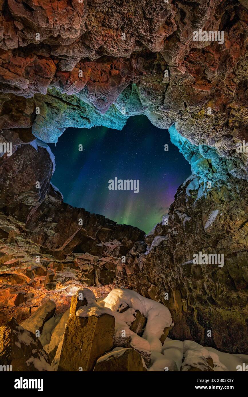 Raufarholshellir Lava Tunnel, Iceland. One of the longest lava tubes short distance from Reykjavik, Iceland Stock Photo