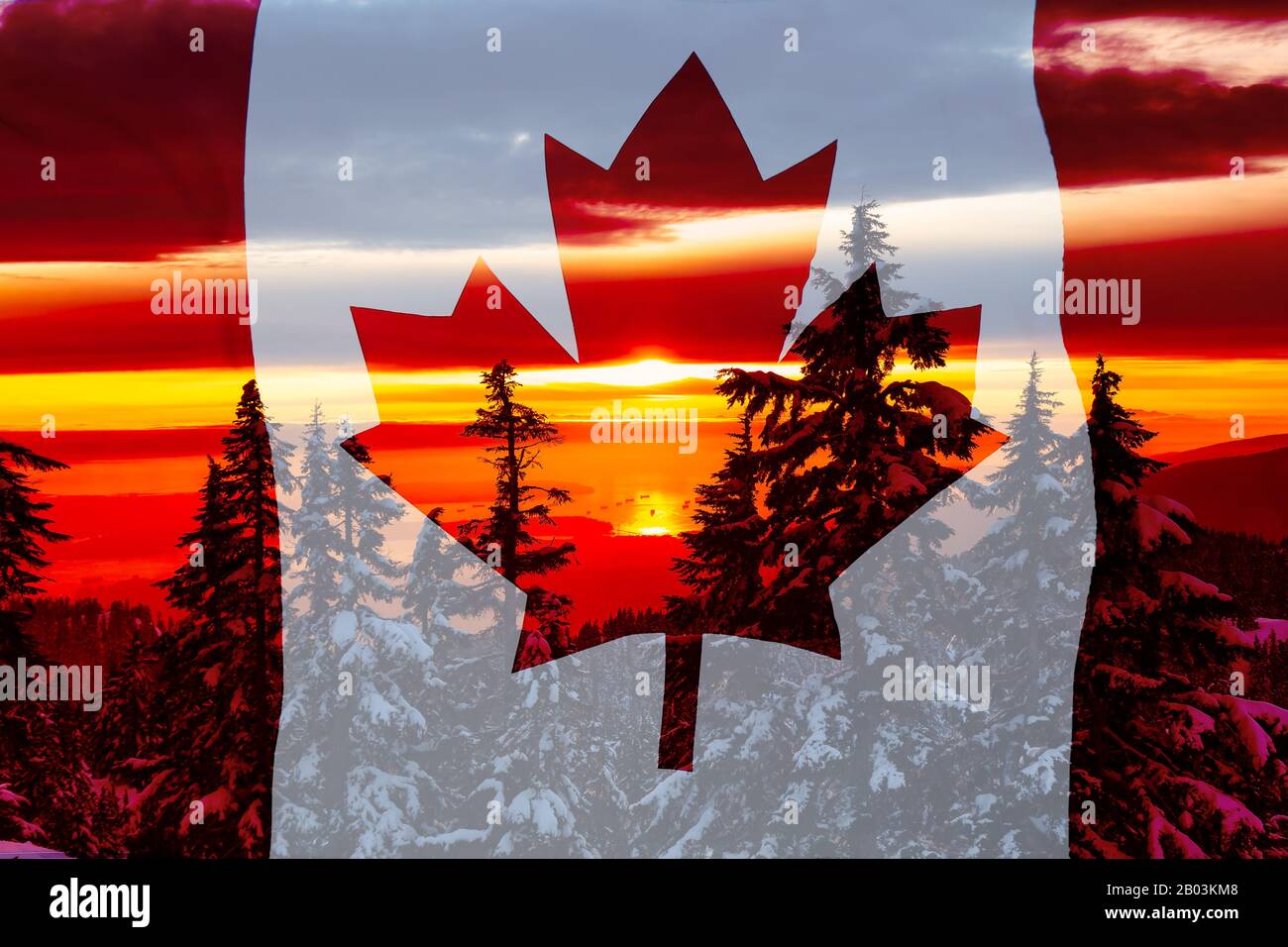 Canadian National Flag with Beautiful Nature Landscape View from the Mountain Top in the Background during a vibrant winter sunset. Taken in Seymour, Stock Photo