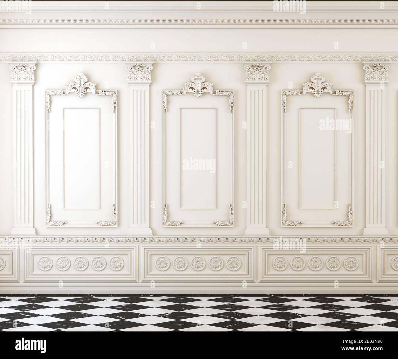 Empty classic room with moulding on wall and chequed marble foor, white  bright empty interior with copy space, arquitectural mockup, 3d render  Stock Photo - Alamy