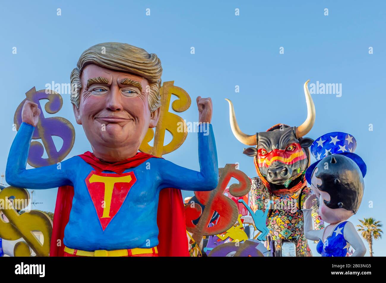 Donald Trump is about to be gored by a bull at the Carnival of Viareggio, Italy Stock Photo