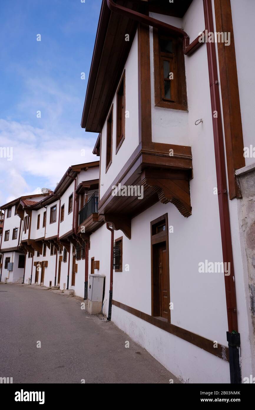 Old Çankırı Houses  which are arranged in a line are two-storey houses built  of wood, brick, lath and plaster techniques. Stock Photo