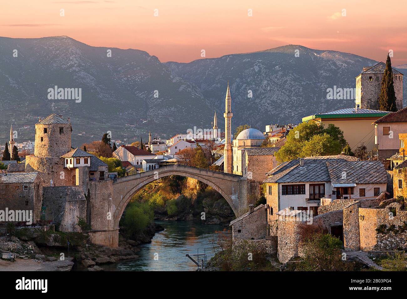 Historical Mostar Bridge in the town of Mostar in Bosnia and Herzegovina Stock Photo