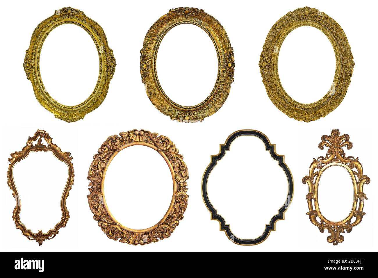 Set of oval Decorative vintage gilded golden wooden frames isolated on