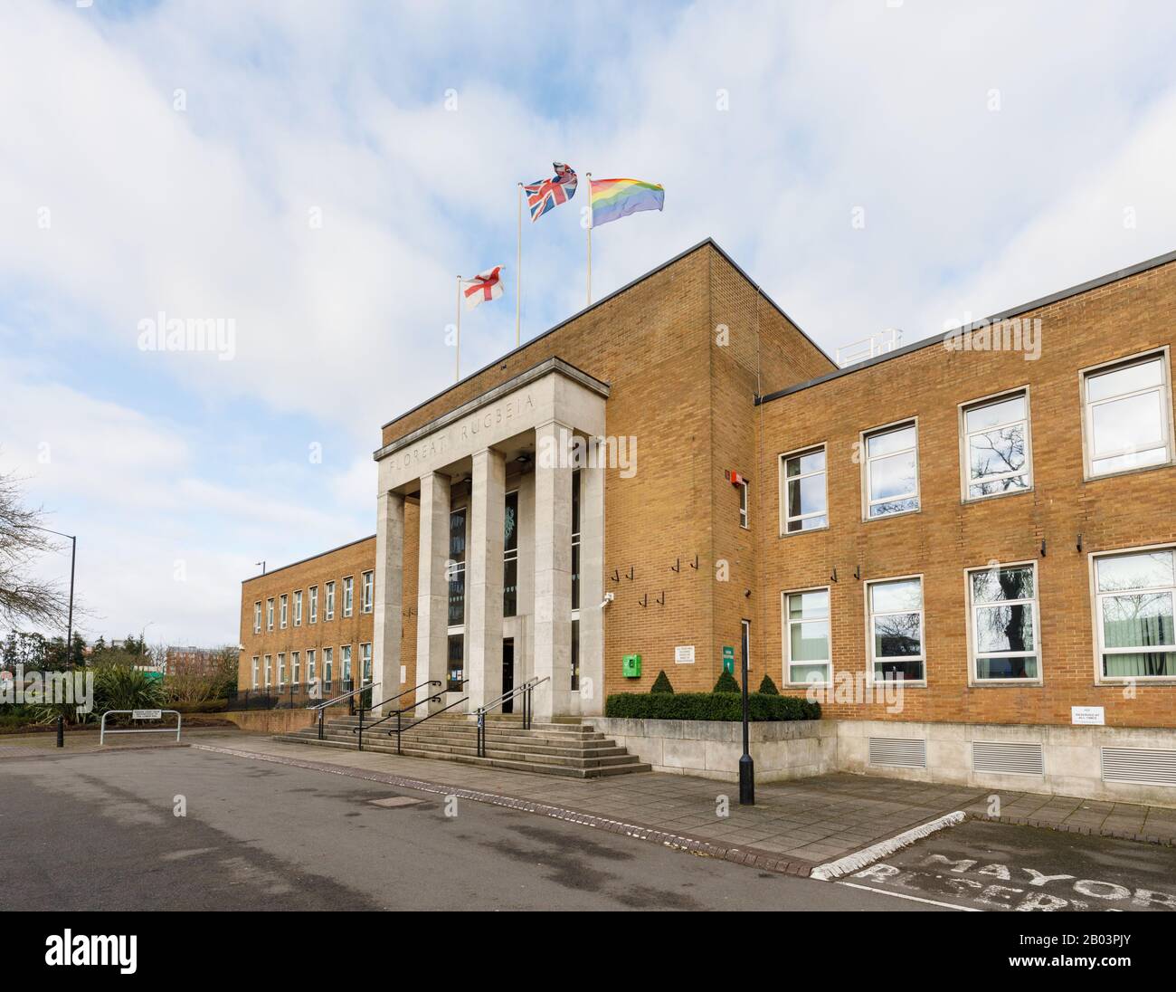 Rugby, Warwickshire, UK, February 2020: Rugby Town Hall, is located on Evreux Way and contains the offices of Rugby Borough Council. Stock Photo
