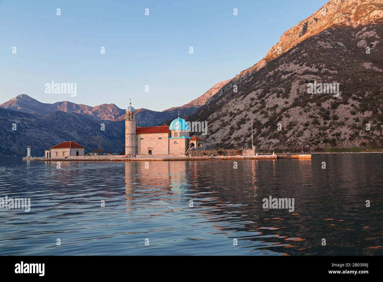 Church of Our Lady on the Rock at the sunset, in Kotor Bay, Adriatic Sea, Montenegro Stock Photo