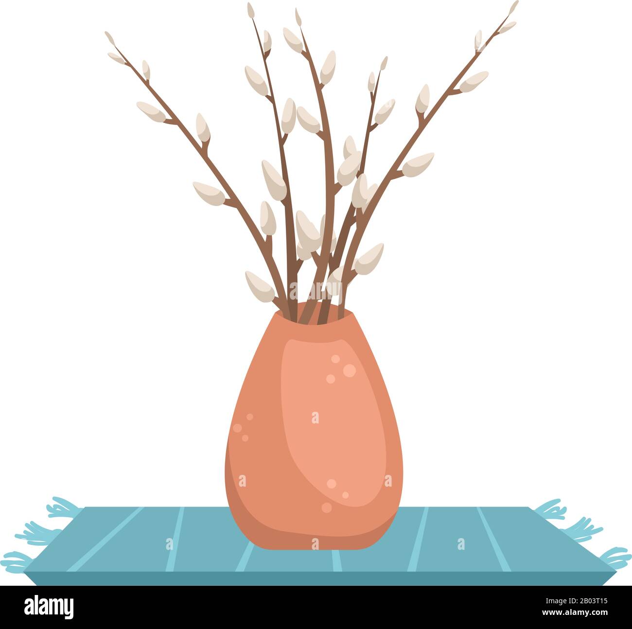 Flat vector illustration with willow branches in a vase. Stock Vector