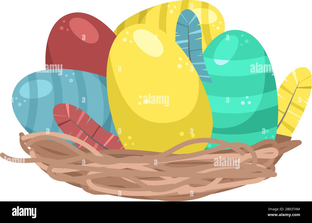 Flat vector illustration of a wicker basket with Easter eggs. Stock Vector