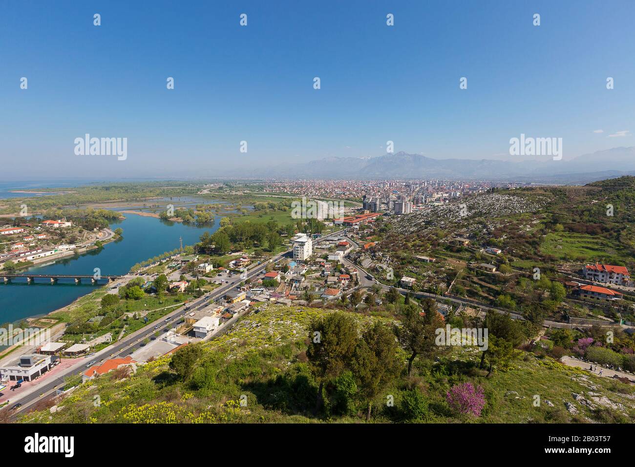 Aerial view over the city of Shkoder in Albania Stock Photo