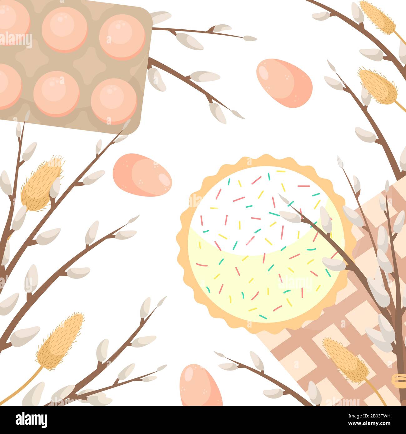 Easter flat illustration. Flat lay background with Easter eggs and willow branches. Stock Vector