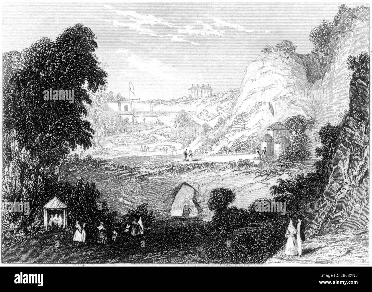 Engraving of Rosherville Gardens, Gravesend scanned at high resolution from a book printed in 1851. This image is believed to be free of all copyright. Stock Photo