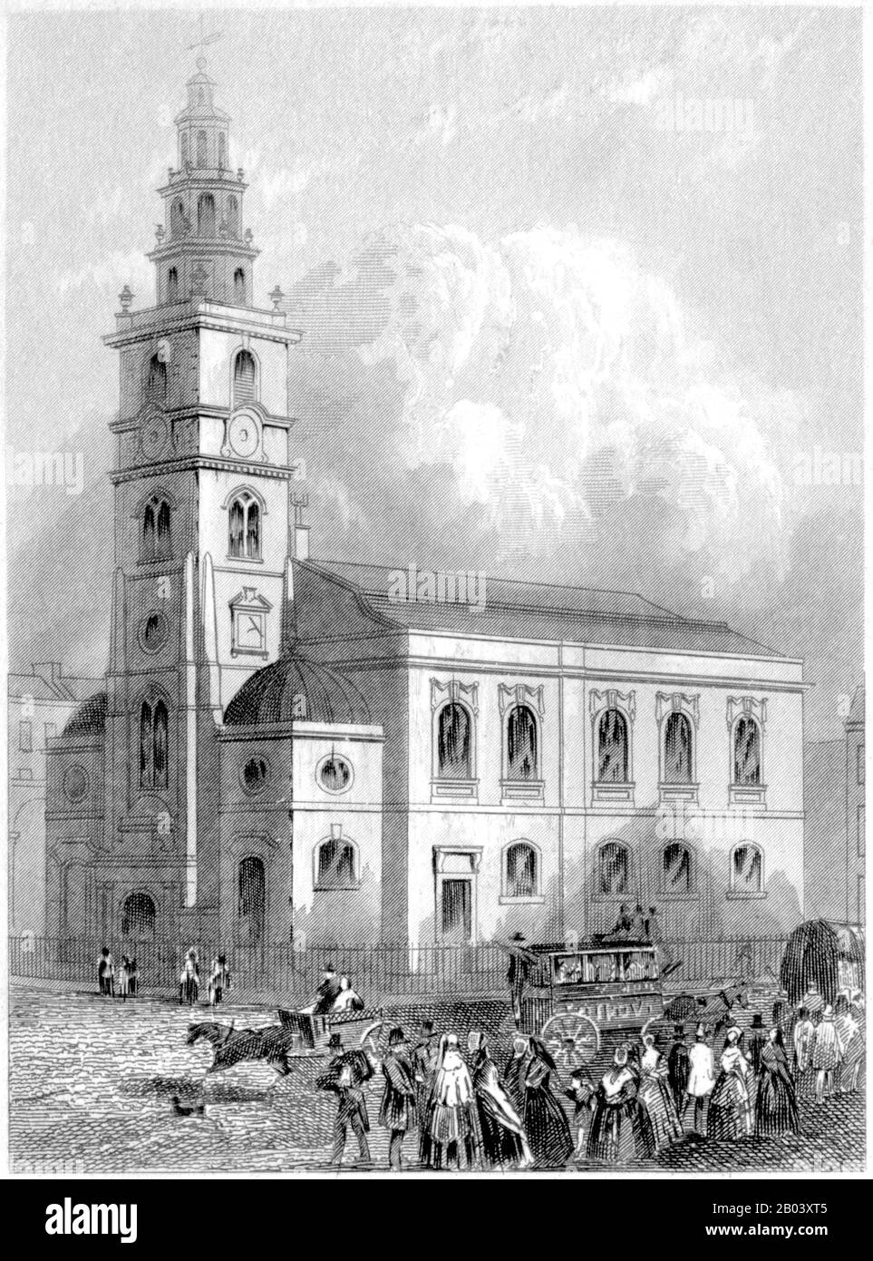 An engraving of St Clement Danes, The Strand, London scanned at high resolution from a book printed in 1851. Believed copyright free. Stock Photo