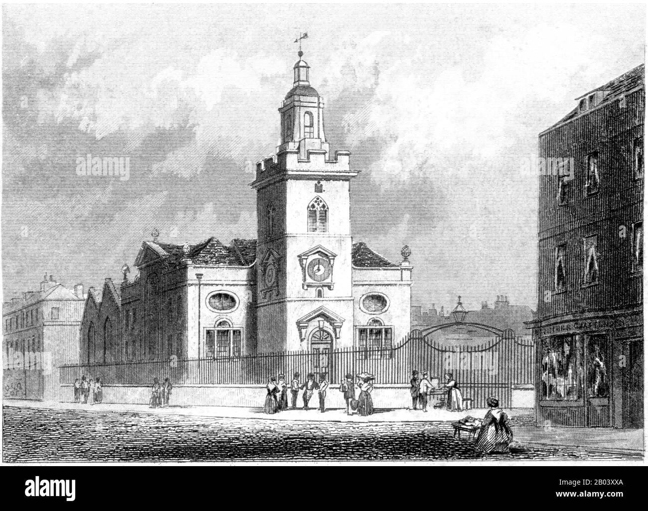 An engraving of St Mary Whitechapel, London scanned at high resolution from a book printed in 1851. This image is believed to be free of all copyright. Stock Photo