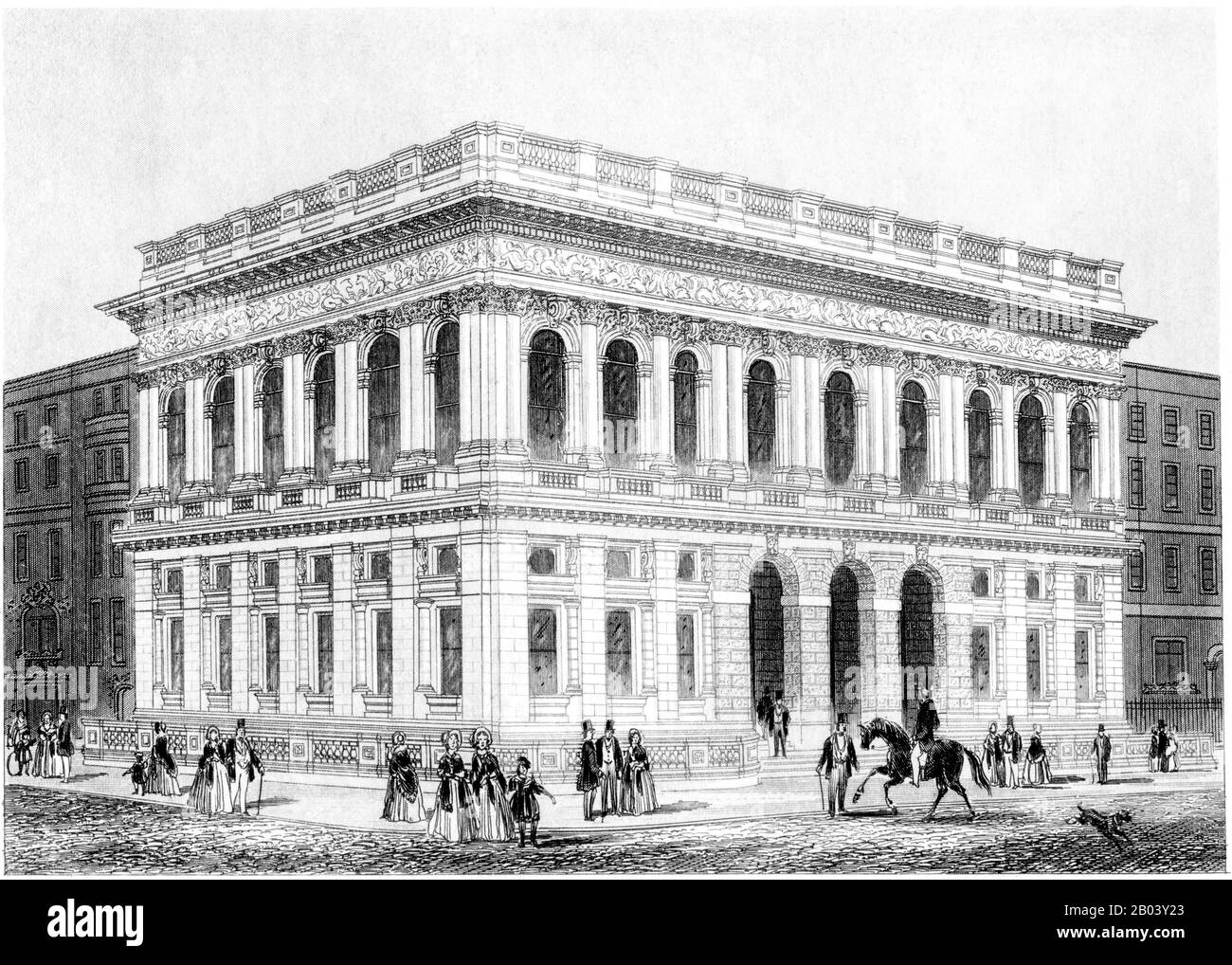 An engraving of the Army and Navy Club House, Pall Mall, London scanned at high resolution from a book printed in 1851. Believed copyright free. Stock Photo